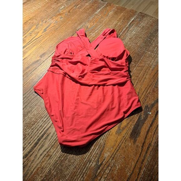 Women’s Red One Piece Swimsuit XXL Deep V Ruched Crisscross Back Bathing Suit - Picture 2 of 2